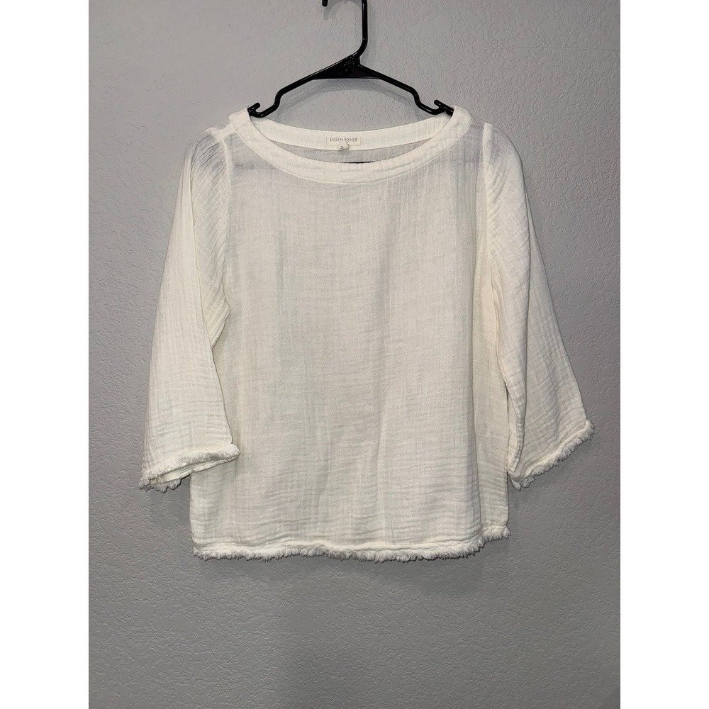 Eileen Fisher Petite White Gauze Frayed Hem 3/4 Sleeve Top PS